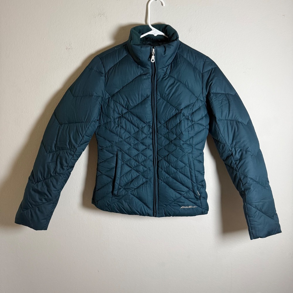 Eddie Bauer Womens Teal Blue Diamond Quilted Down Puffer‎ Jacket XS Full Zip